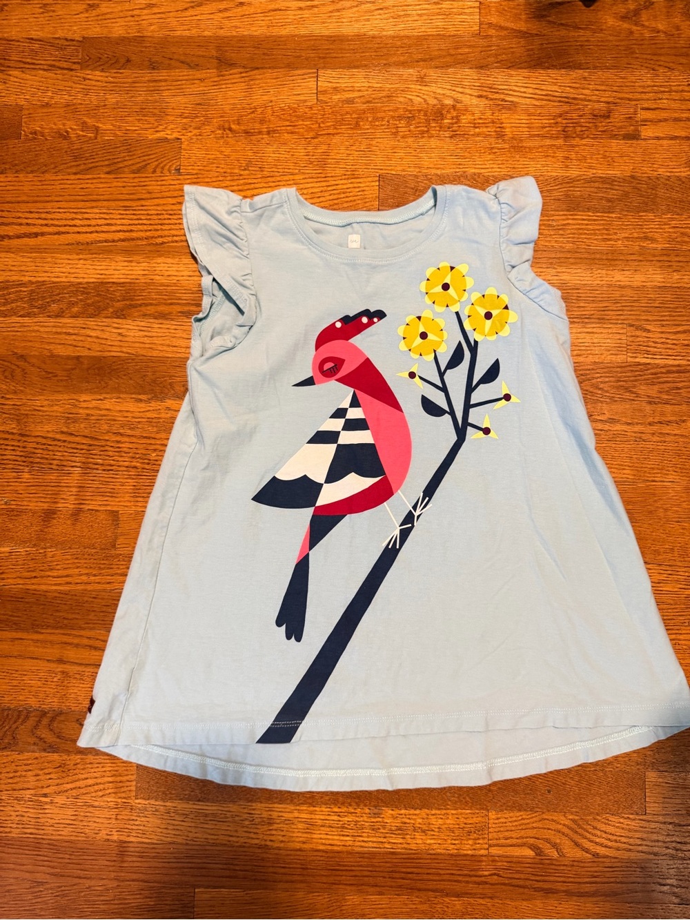 Tea Collection Light Blue Tee with Pink Bird and Yellow Flowers